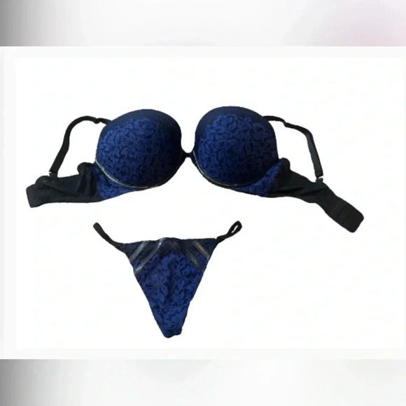 VICTORIA’S SECRET PUSH UP BRA PANTY SET THONG BLACK BLUE FAUX LEATHER 36DD - Picture 9 of 13